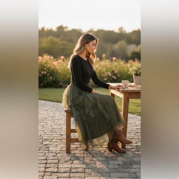 Anthropologie Chéri Ruffled Tulle Midi Skirt Green XS Tiered Flocked Dot - Picture 2 of 9